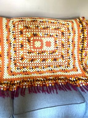 Handmade Multi-Color Crochet Throw Blanket - Orange, Cream & Brown